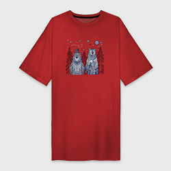 Футболка женская-платье Два медведя в стиле мезенской росписи, цвет: красный