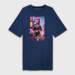 Футболка женская-платье Барби в кожаных шортах - модница, цвет: тёмно-синий