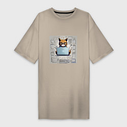 Женская футболка-платье Кот программист за ноутбуком