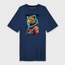 Футболка женская-платье Леопард бравый космонавт - нейросеть, цвет: тёмно-синий