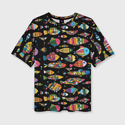 Женская футболка оверсайз Разноцветные рыбы - черный фон