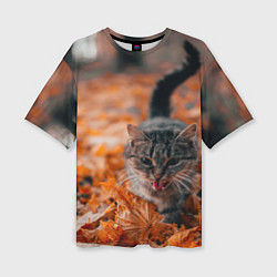 Женская футболка оверсайз Мяукающий кот осенние листья