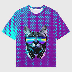 Футболка оверсайз женская Кот очки наушники модный, цвет: 3D-принт