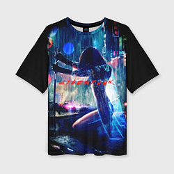 Женская футболка оверсайз Cyberpunk девушка с катаной