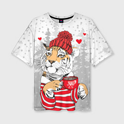 Женская футболка оверсайз Тигр с чашкой кофе
