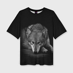 Женская футболка оверсайз Волк, на черном фоне