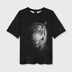 Женская футболка оверсайз Тигр черно-белый соты