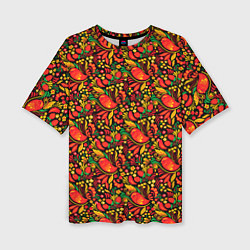 Женская футболка оверсайз Желтые и красные цветы, птицы и ягоды хохлома