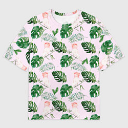 Футболка оверсайз женская Листья и белые птички, цвет: 3D-принт