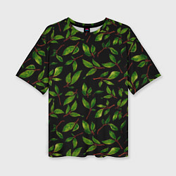 Футболка оверсайз женская Яркие зеленые листья на черном фоне, цвет: 3D-принт