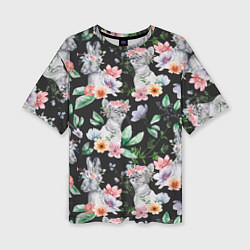 Женская футболка оверсайз Котики в цветочках