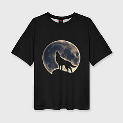 Женская футболка оверсайз Силуэт волка под луной