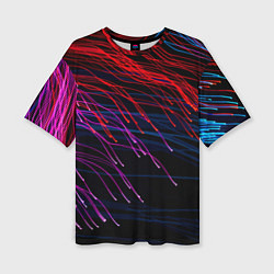 Женская футболка оверсайз Цветные неоновые линии на чёрном фоне Colored neon