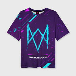 Женская футболка оверсайз Символ Watch Dogs в неоновых цветах на темном фоне