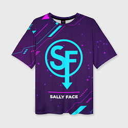 Женская футболка оверсайз Символ Sally Face в неоновых цветах на темном фоне