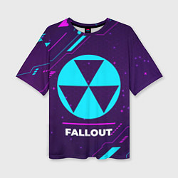 Женская футболка оверсайз Символ Fallout в неоновых цветах на темном фоне