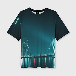 Женская футболка оверсайз Неоновый мост и город - Светло-синий