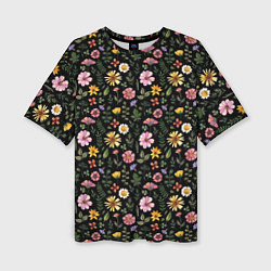 Женская футболка оверсайз Цветочная полянка на темном фоне