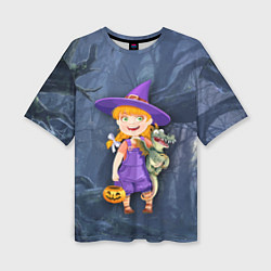 Женская футболка оверсайз Ведьма малолетка в тёмном лесу с дракончиком