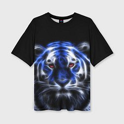 Женская футболка оверсайз Синий неоновый тигр