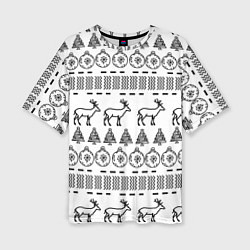 Женская футболка оверсайз Черно-белый узор с оленями