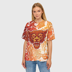 Футболка оверсайз женская Огненный волк на красно-желтом фоне, цвет: 3D-принт — фото 2