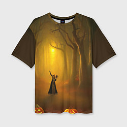 Женская футболка оверсайз Ведьма в черном платье в заколдованном лесу с тыкв