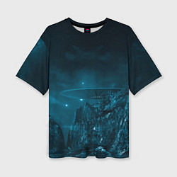 Женская футболка оверсайз Синий космос, горы и нло