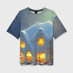 Женская футболка оверсайз Сказочный зимний домик, покрытый снегом