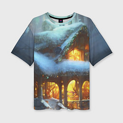 Женская футболка оверсайз Новогодний коттедж с гирляндами в заснеженном лесу