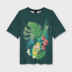 Женская футболка оверсайз Акустическая гитара с барабаном и тропическими лис