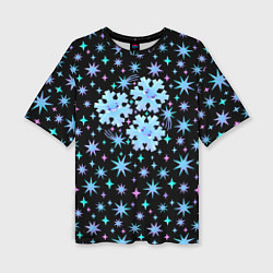 Женская футболка оверсайз Снежинки в ночном небе с цветными звездами