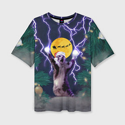 Женская футболка оверсайз Новогодний кот с молниями
