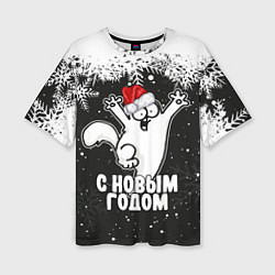 Женская футболка оверсайз С Новым годом - кот Саймона и снежинки