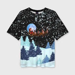 Женская футболка оверсайз Санта на оленях в ночном небе