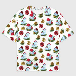 Футболка оверсайз женская Новогодние домики на белом - паттерн, цвет: 3D-принт