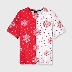 Женская футболка оверсайз Рождественские снежинки на красно-белом фоне