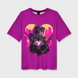 Женская футболка оверсайз Девушка на фоне сердца, неоновый стиль