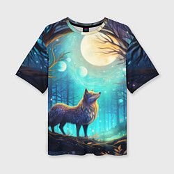Женская футболка оверсайз Волк в ночном лесу в folk art стиле