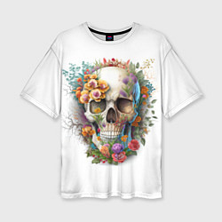 Женская футболка оверсайз Череп украшенный растениями и цветами