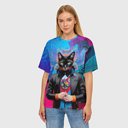 Футболка оверсайз женская Чёрная модница кошка - нейросеть, цвет: 3D-принт — фото 2