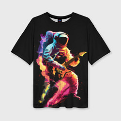 Женская футболка оверсайз Космонавт с гитарой в радужных огнях