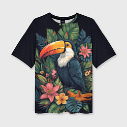 Женская футболка оверсайз Тукан на фоне тропических листьев: арт нейросети