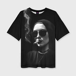 Женская футболка оверсайз Монашка в черных очках с сигарой