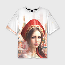 Женская футболка оверсайз Девушка в кокошнике с косой - кремль