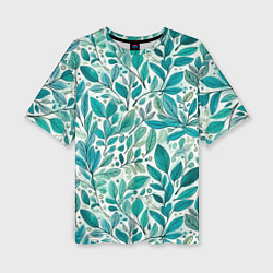 Женская футболка оверсайз Нежные акварельные листья, голубые и зеленые