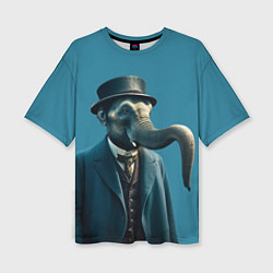 Женская футболка оверсайз Слон джентельмен в смокинге и шляпе