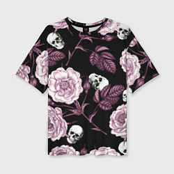 Женская футболка оверсайз Розовые цветы с черепами