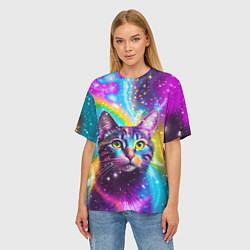 Футболка оверсайз женская Полосатый кот с разноцветной звездной туманностью, цвет: 3D-принт — фото 2