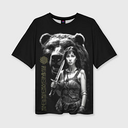 Женская футболка оверсайз Медведь и девушка воин